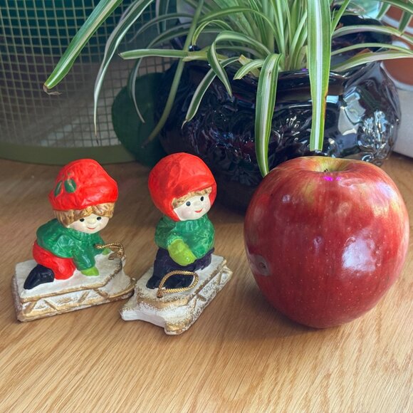 Holiday Chalkware Children Sledding Figurines, Vintage Made in Japan, Circa 1950